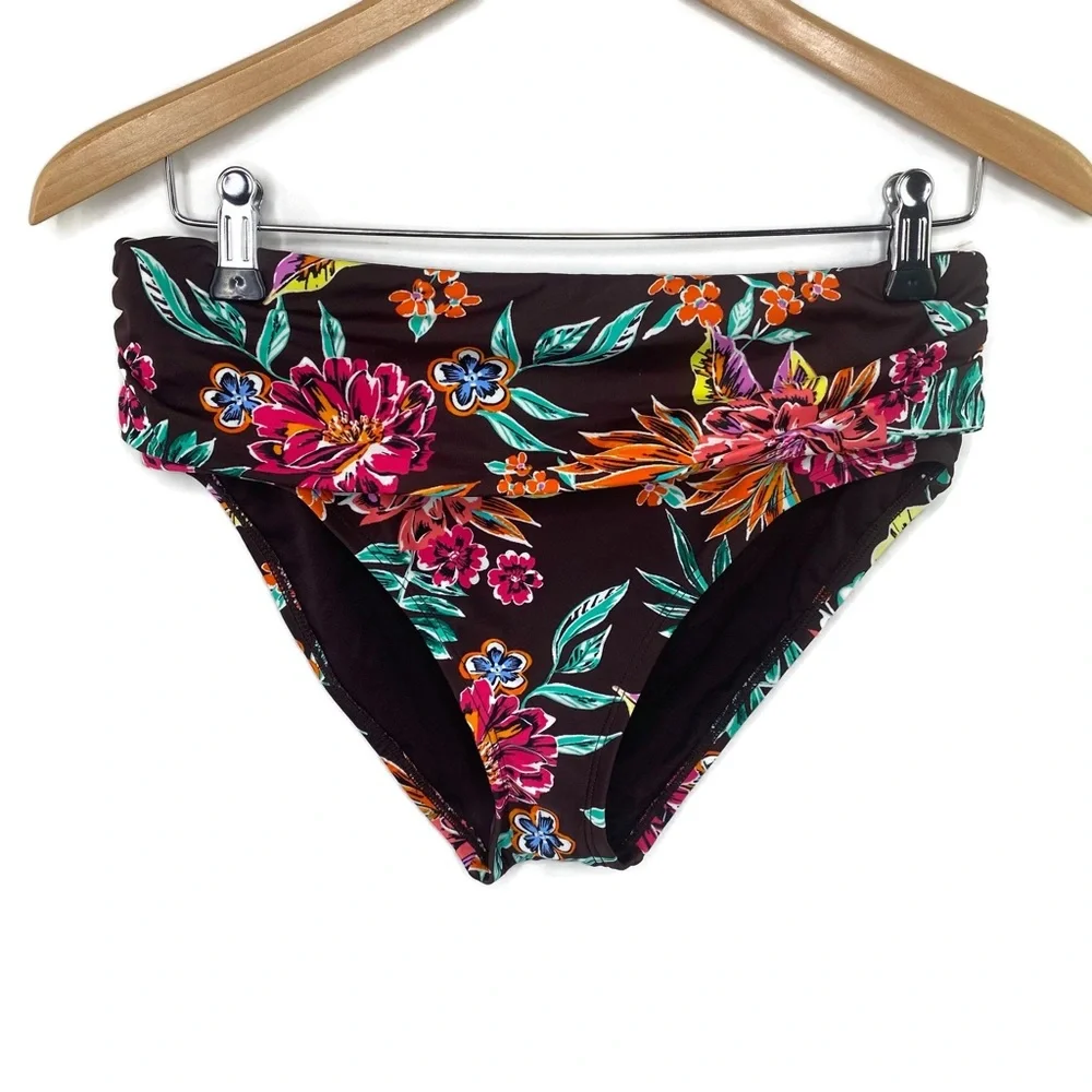 Into the Bleu by Amerex Deep Burgundy Tropical Floral High Waist Bikini Bottom